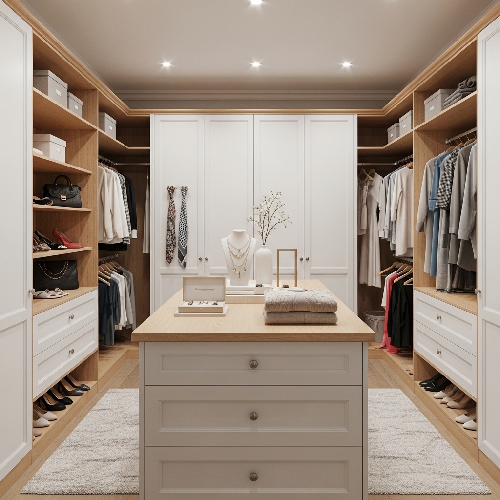Classic White Closet with Wooden Accents