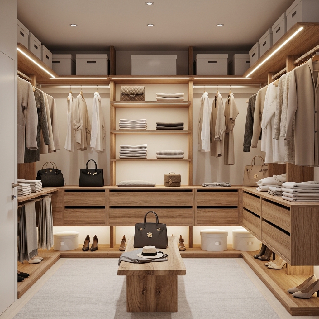 Minimalist Neutral Closet with Warm Wood Accents