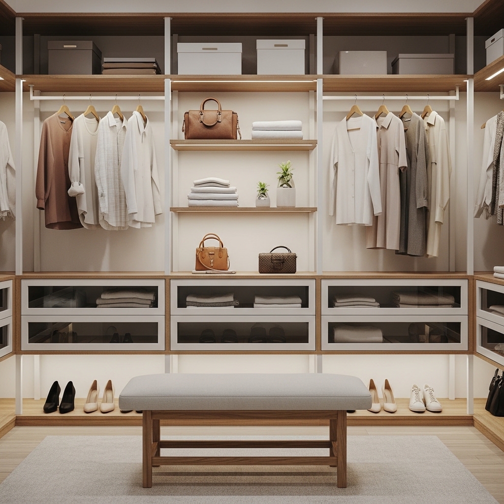 Minimalist Neutral Closet with Warm Wood Accents