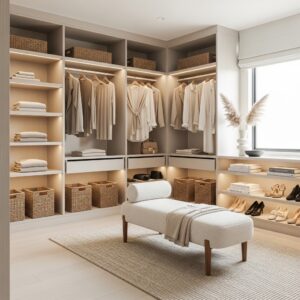 Soft Neutral Luxury Closet with Open Shelving