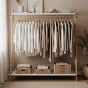 Wooden Rack with Neutral Capsule Wardrobe