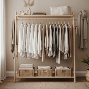 Wooden Rack with Neutral Capsule Wardrobe