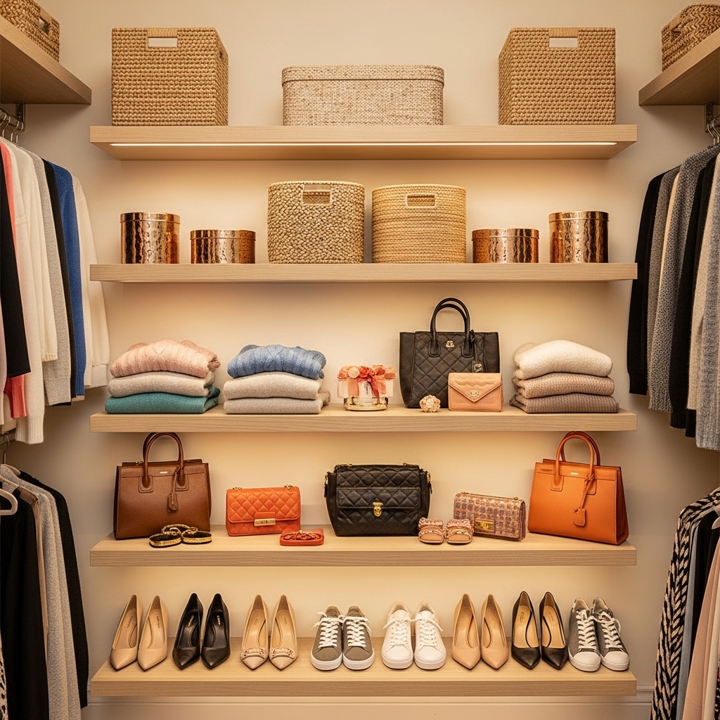 Open Shelving with Decorative Bins