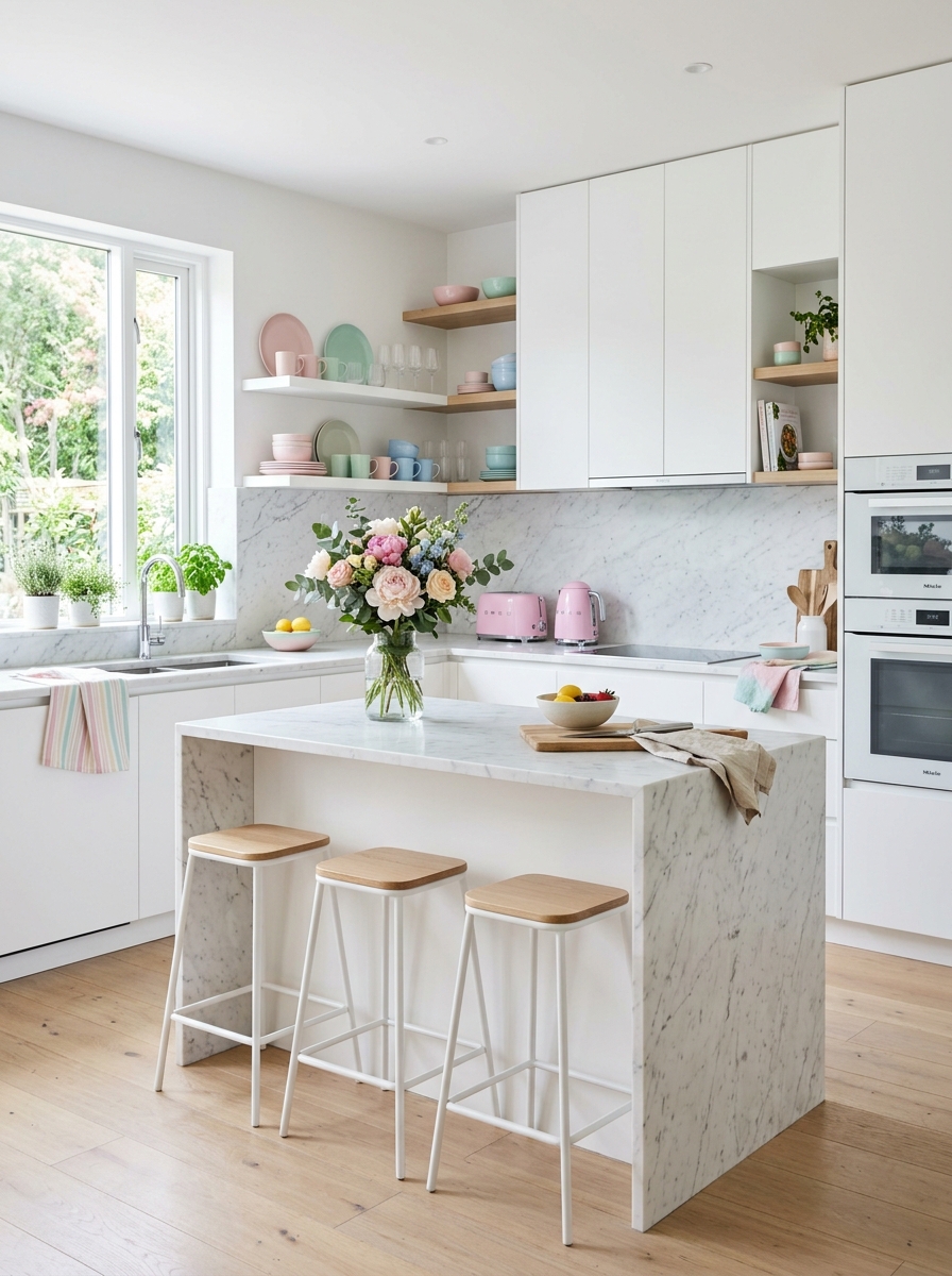 All-White Kitchen with Pastel Decor Layers