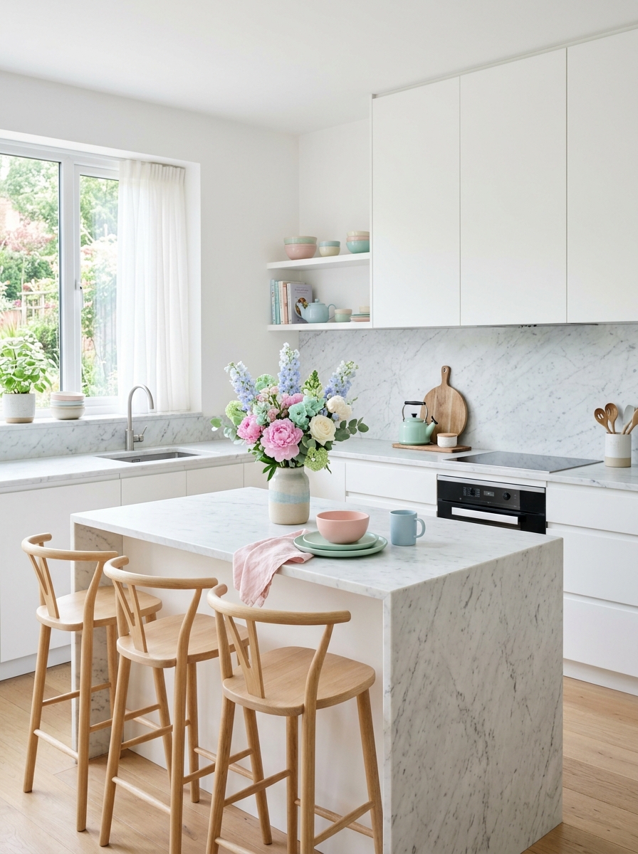 All-White Kitchen with Pastel Decor Layers
