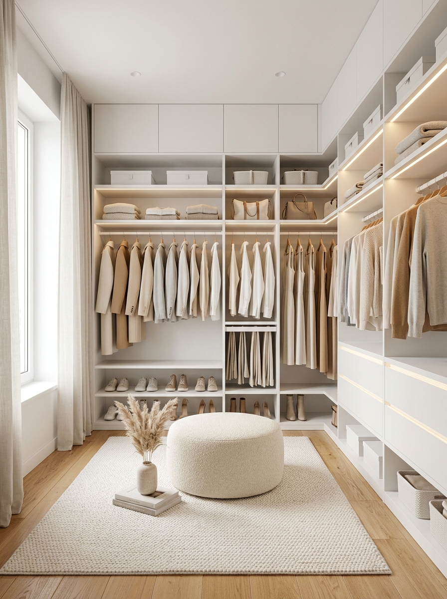 All-White Minimal Closet With Soft Glow