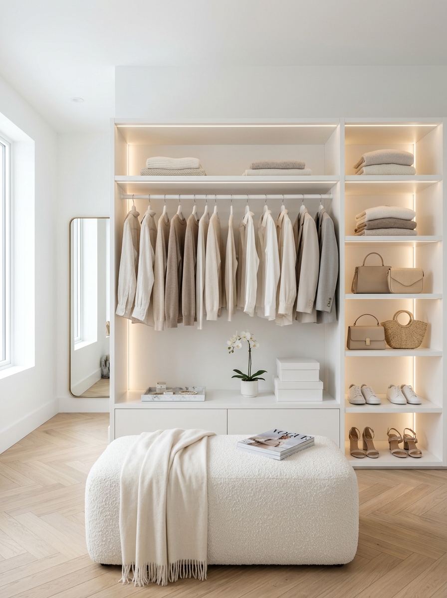 All-White Minimal Closet With Soft Glow