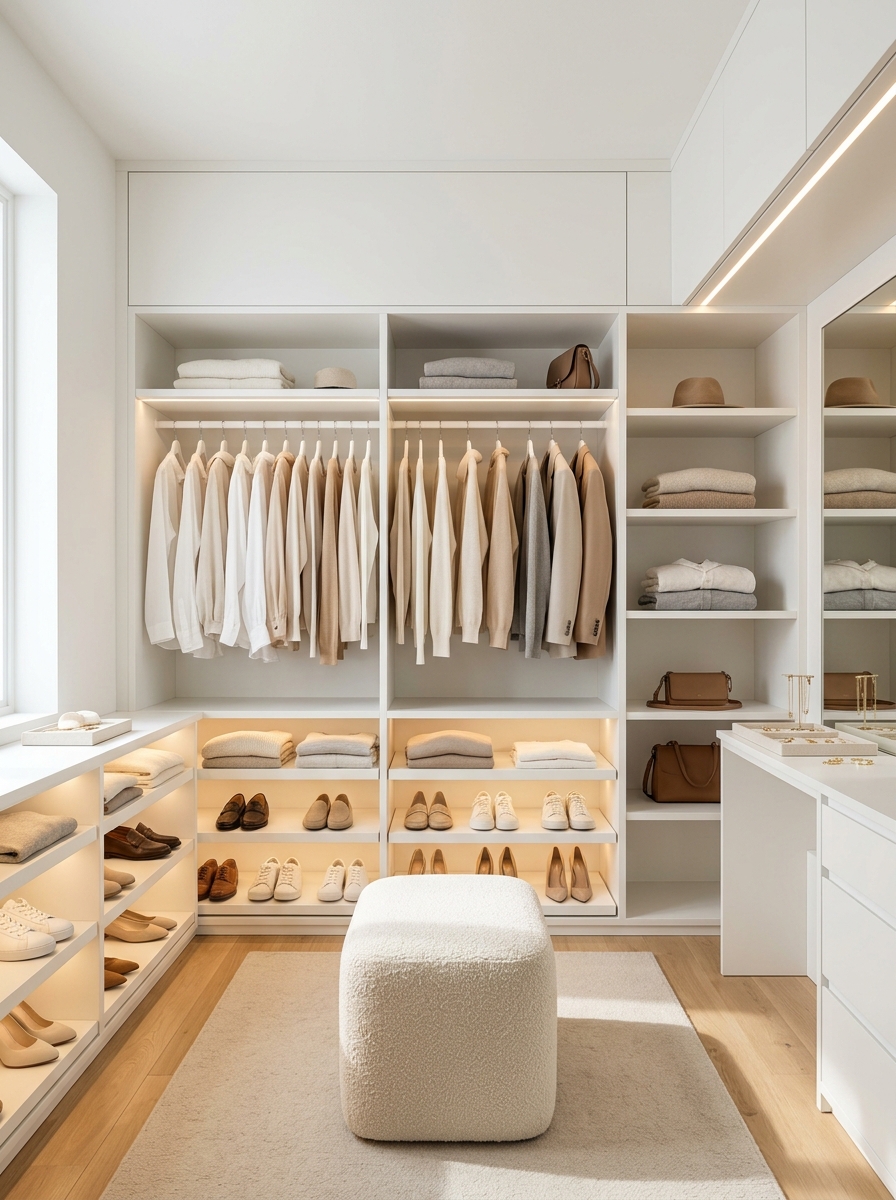 All-White Minimal Closet With Soft Glow