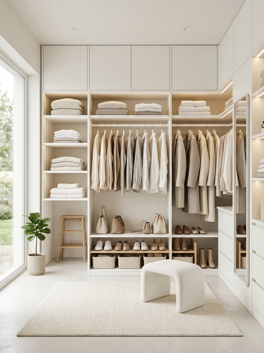 Minimalist All-White Closet with Soft Textural Layers