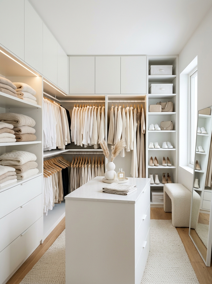 Minimalist All-White Closet with Soft Textural Layers
