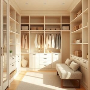 Soft Neutral Luxury Closet with Open Shelving