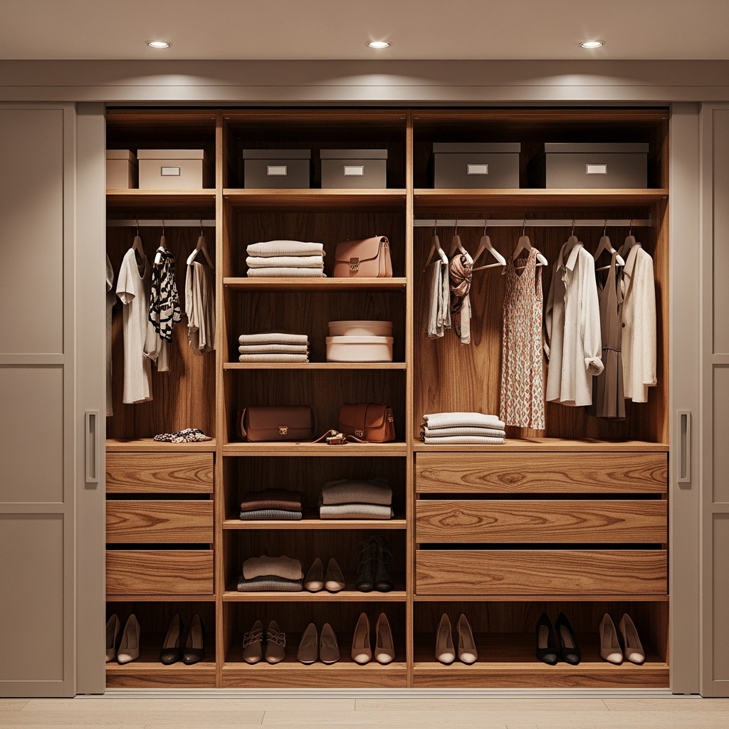 Warm Wood Closet with Neutral Sliding Doors