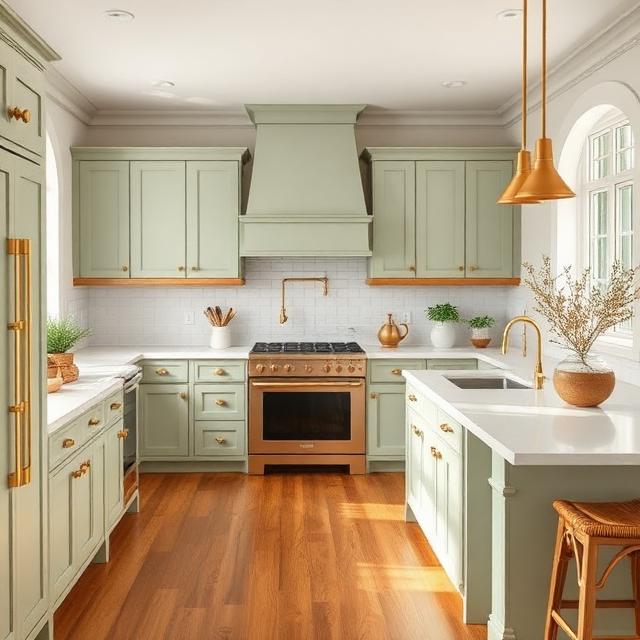 Farmhouse Kitchen with Soft Green Cabinetry Accent