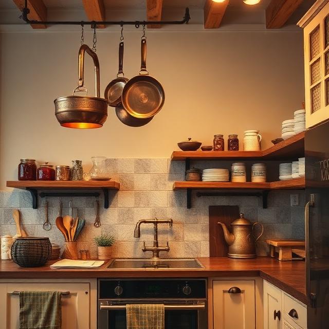 Cozy Rustic Kitchen with Copper and Antique Accessories