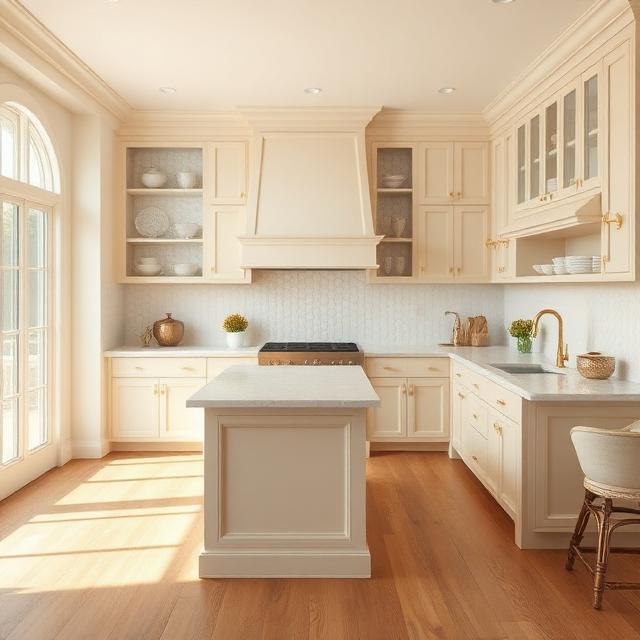 Soft Beige Farmhouse Kitchen With Gold Hardware
