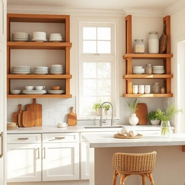 Cozy Neutral Farmhouse Kitchen With Open Shelving