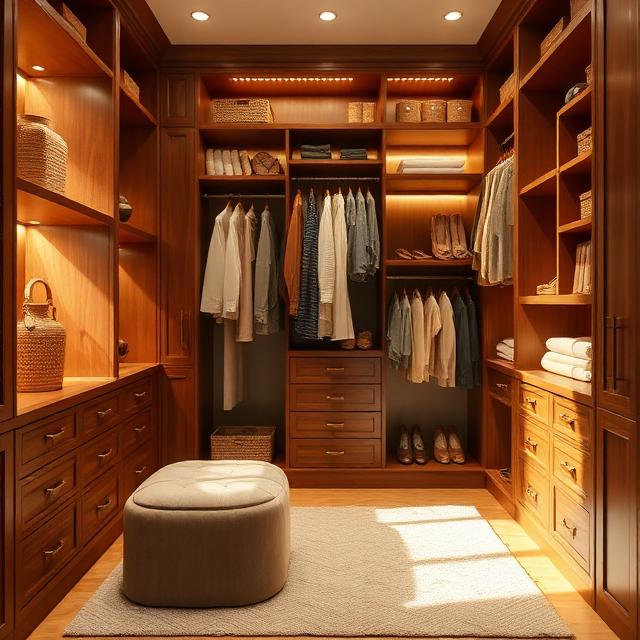 Elegant Warm Wood Closet With Soft Ambient Lighting