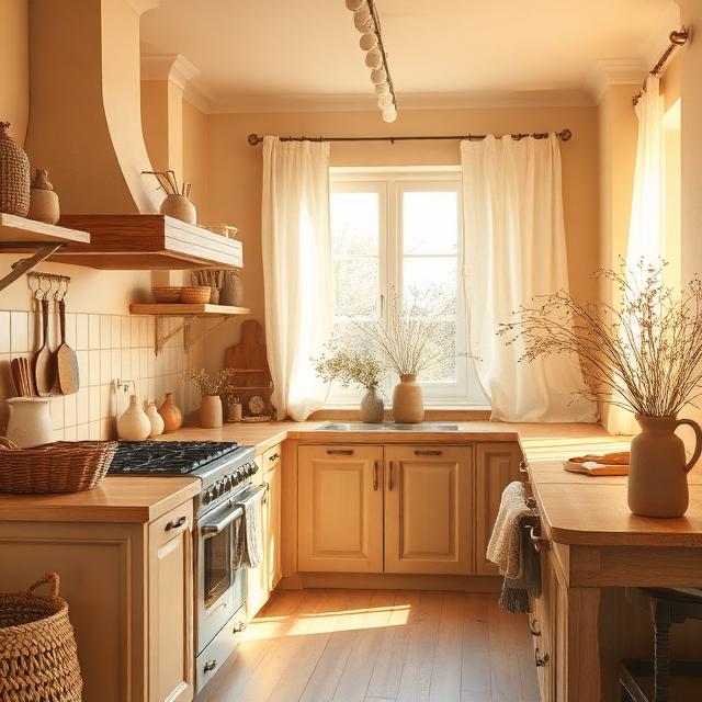 Cozy Farmhouse Kitchen with Soft Beige and Earthy Tones