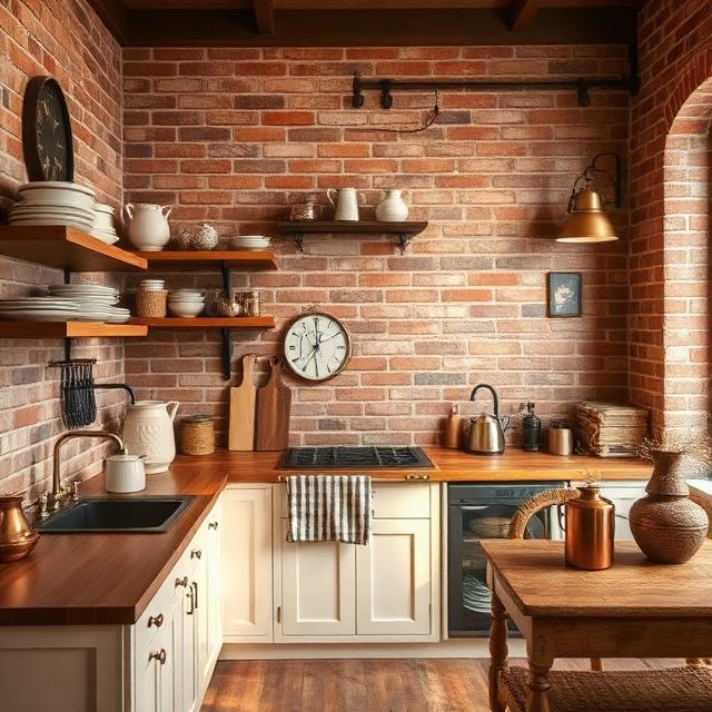 Farmhouse Kitchen with Brick Backsplash and Rustic Warmth