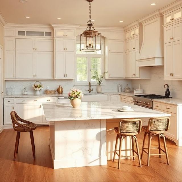 Elegant Farmhouse Kitchen With Marble Countertops