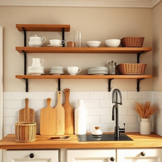 Neutral Farmhouse Kitchen with Vintage Floating Decor