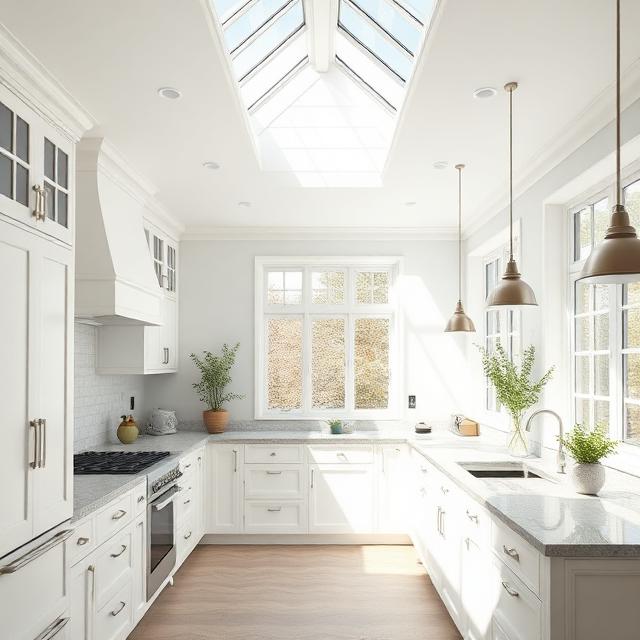 Light and Airy Farmhouse Kitchen with Skylight or Large Windows