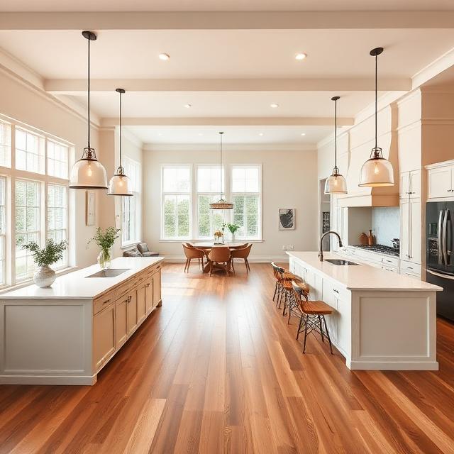 Open Concept Farmhouse Kitchen Flowing into Living Space