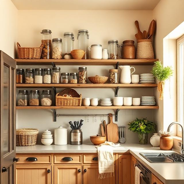 Vintage Farmhouse Kitchen with Open Pantry Storage