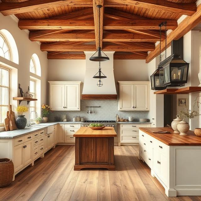 Rustic Farmhouse Kitchen With Exposed Wooden Beams