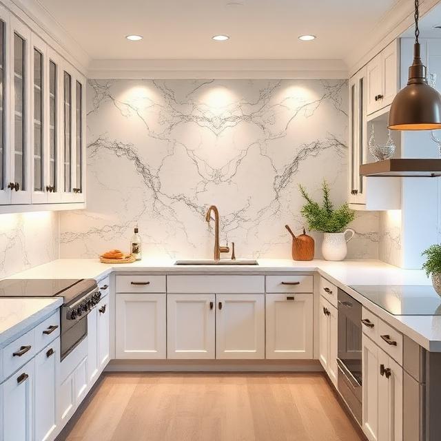 Elegant Farmhouse Kitchen with Marble Backsplash Feature Wall