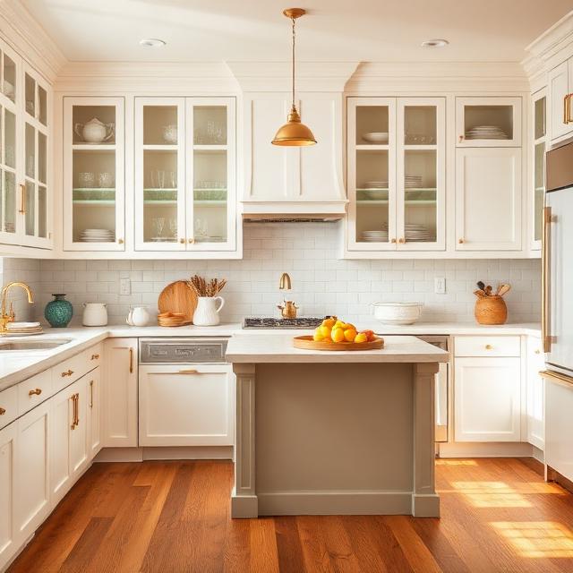 Soft White Farmhouse Kitchen with Glass Cabinet Doors