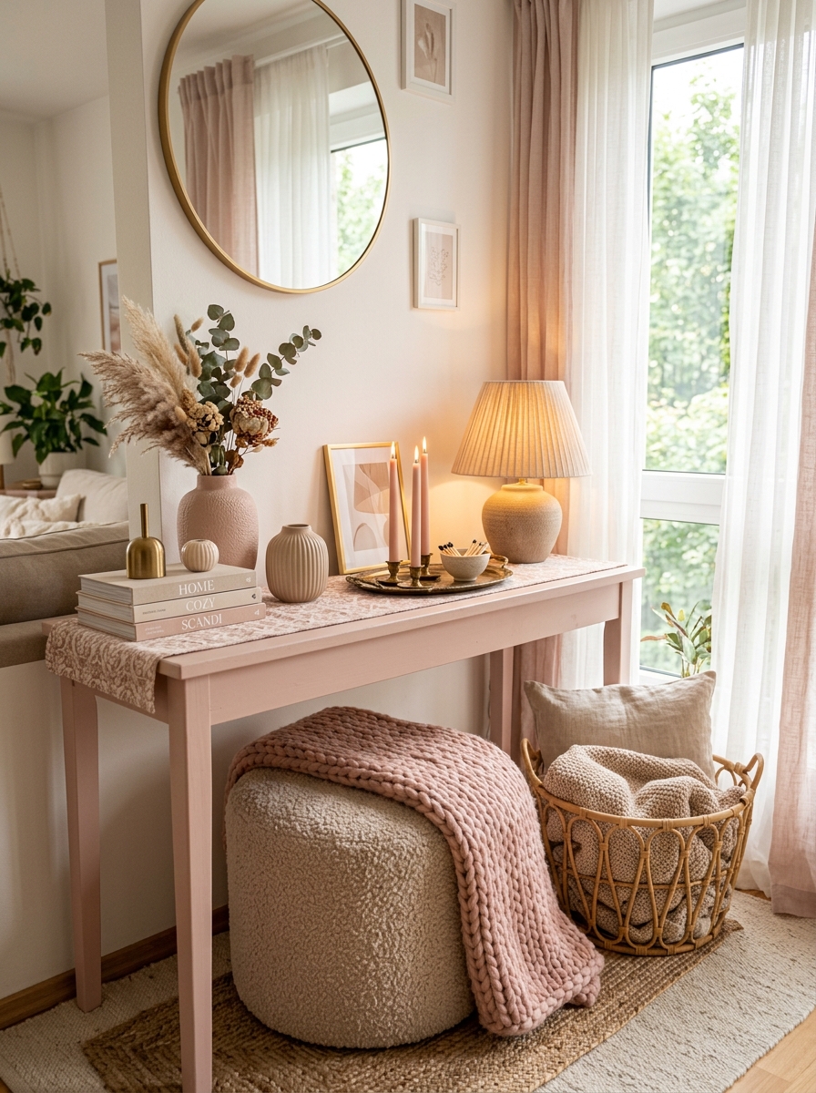 Cozy Apartment Console Table with Layered Pink Textures