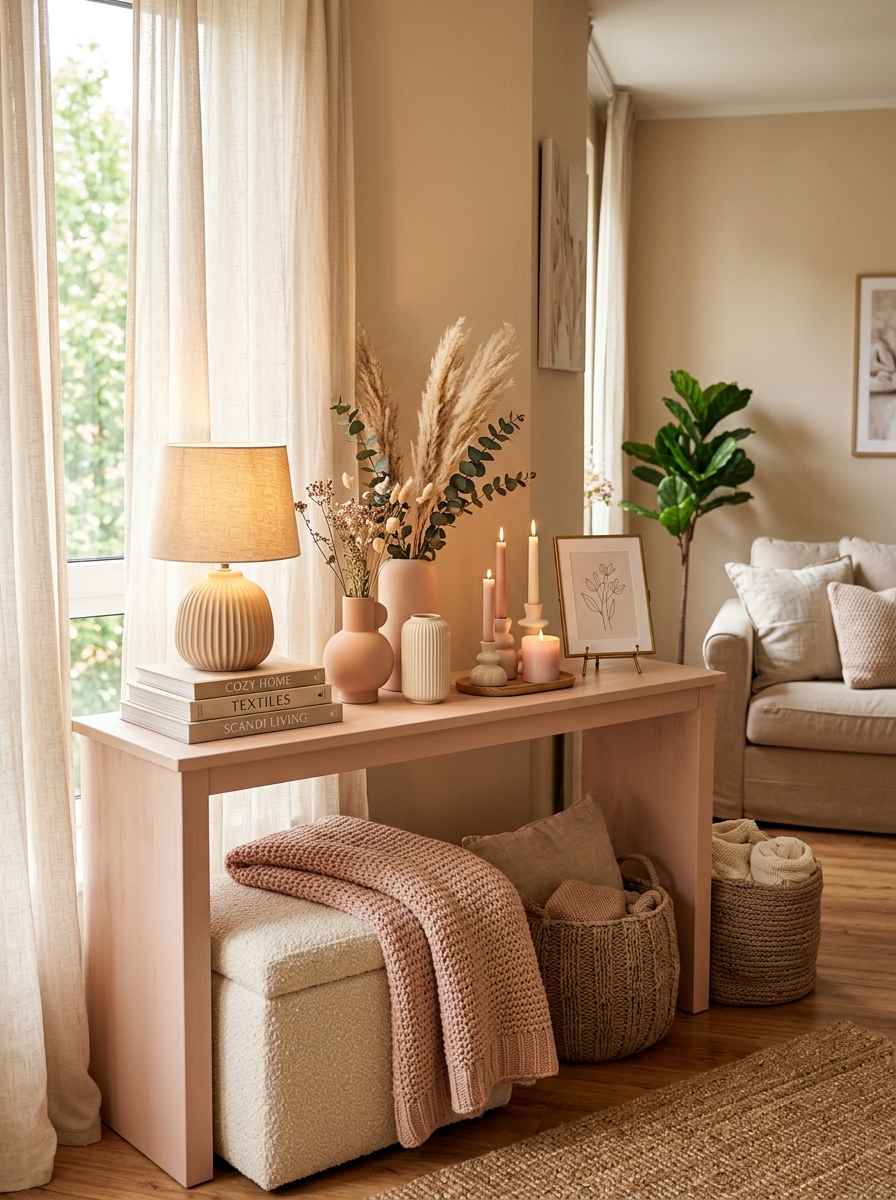 Cozy Apartment Console Table with Layered Pink Textures