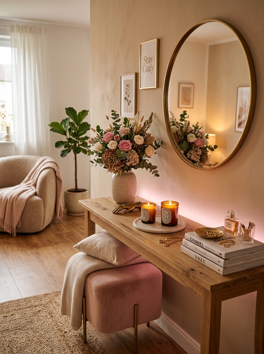 Cozy Apartment Console Table with Soft Pink Lighting