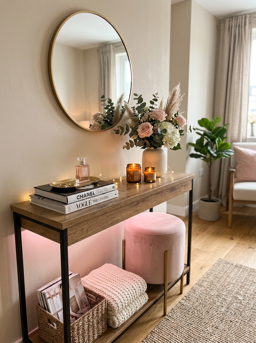Cozy Apartment Console Table with Soft Pink Lighting