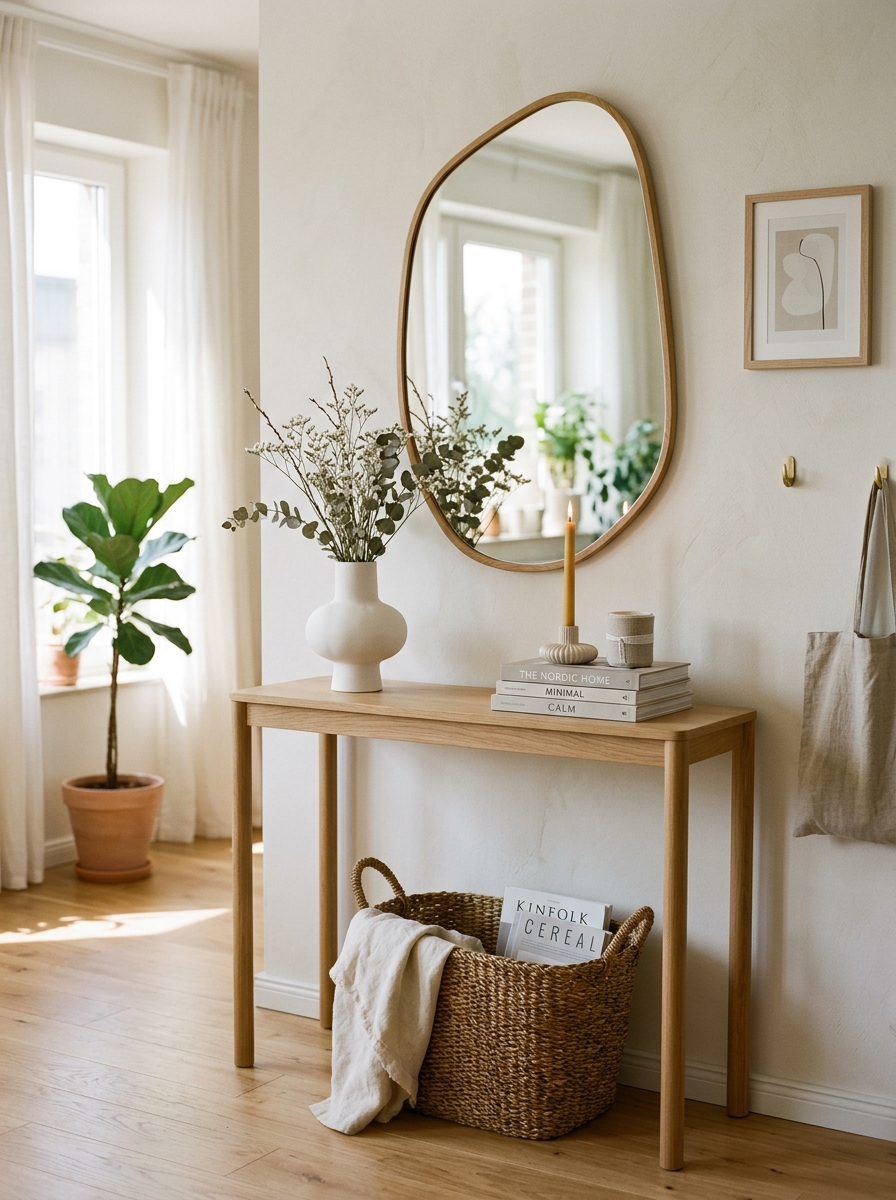 Scandinavian-Inspired Girly Console Table with Soft Minimal Decor