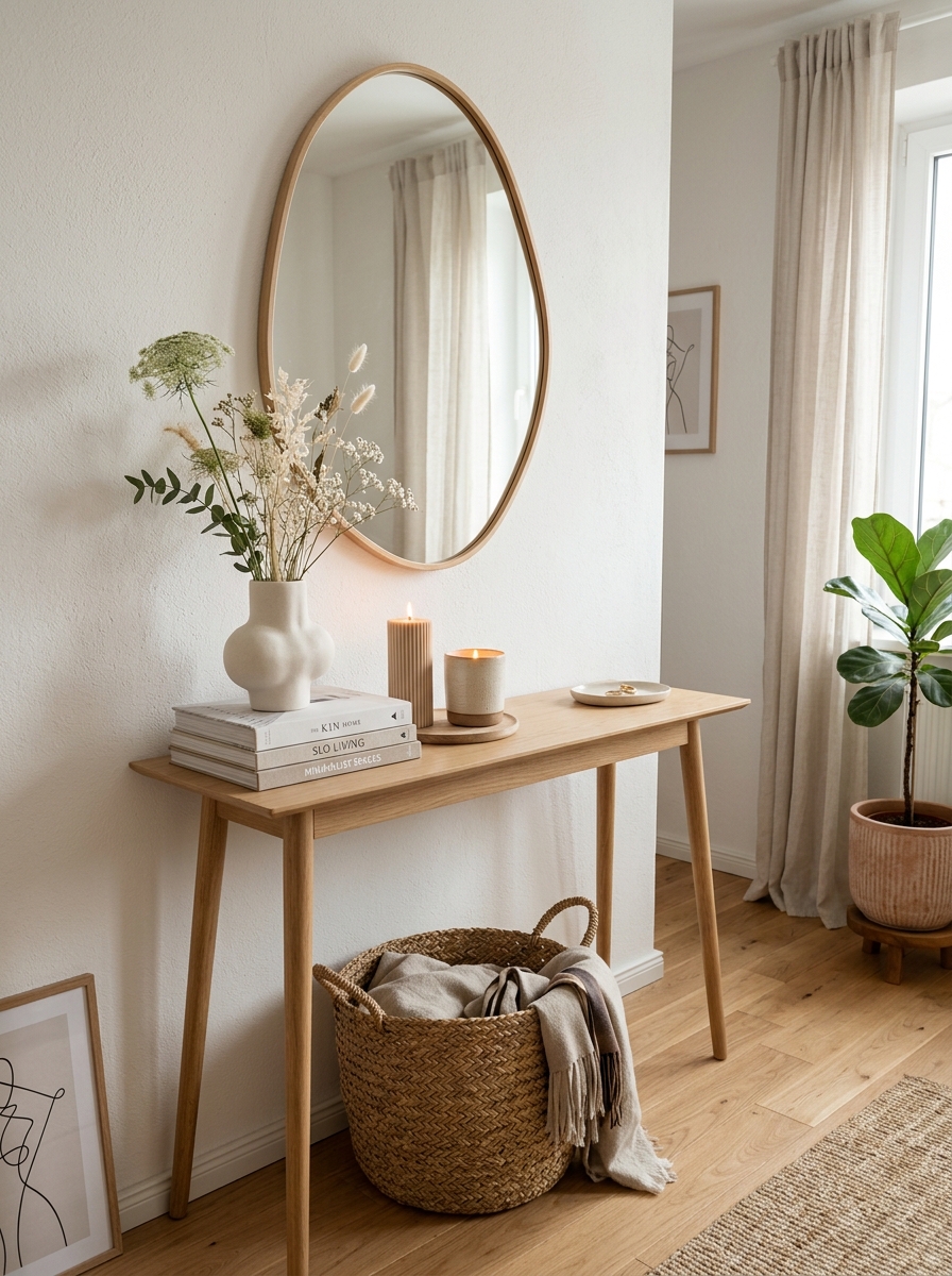 Scandinavian-Inspired Girly Console Table with Soft Minimal Decor