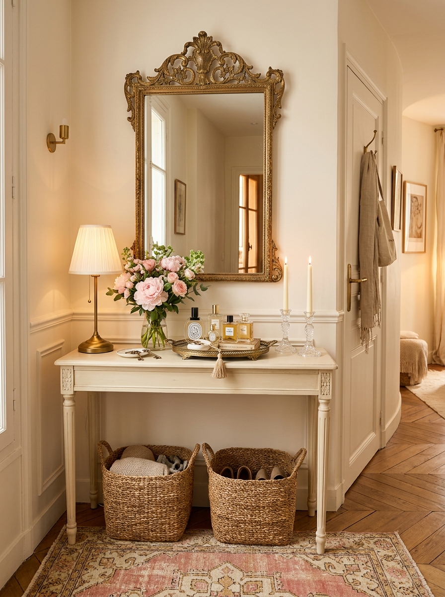 Tiny Apartment Entryway Console Table with Romantic Decor