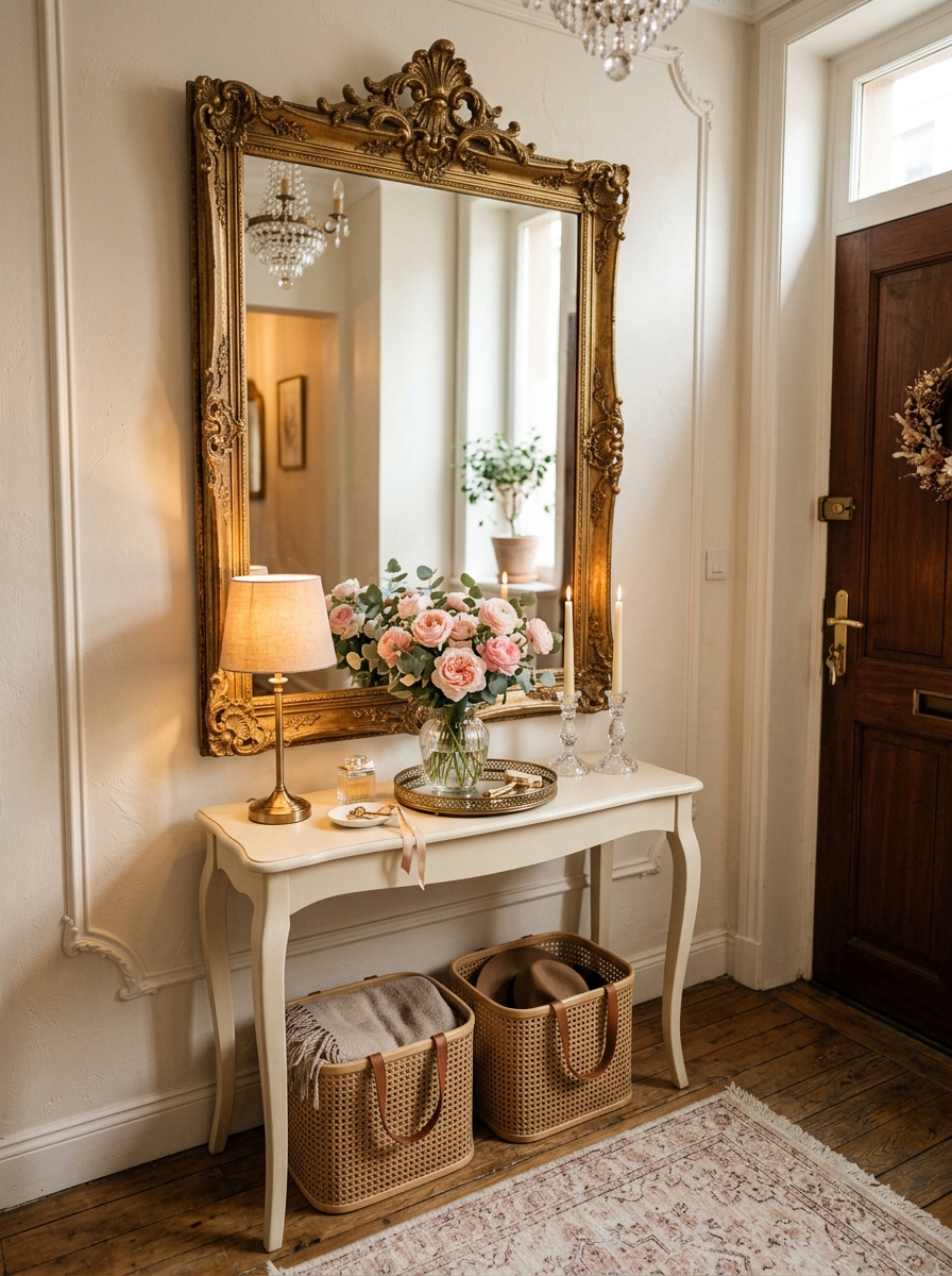 Tiny Apartment Entryway Console Table with Romantic Decor