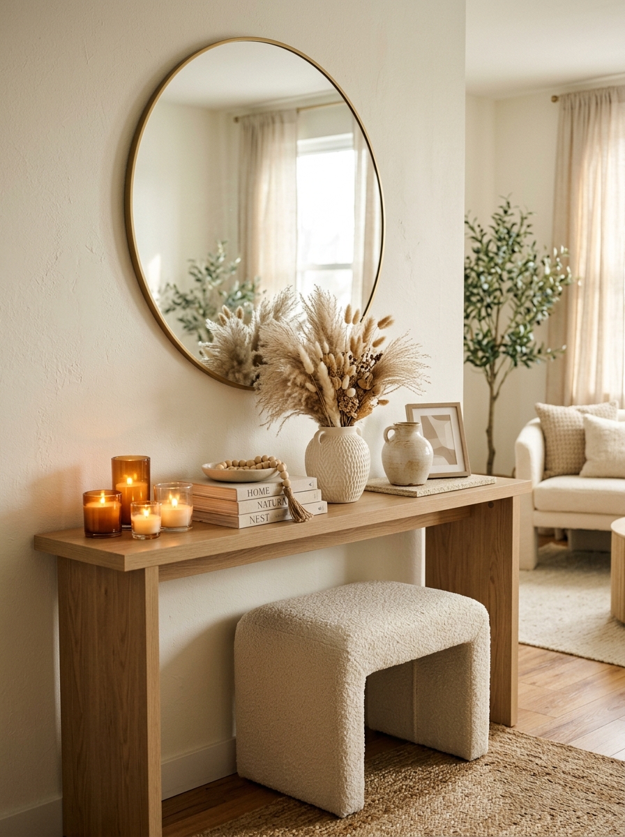 Neutral Feminine Console Table with Cozy Candle Styling