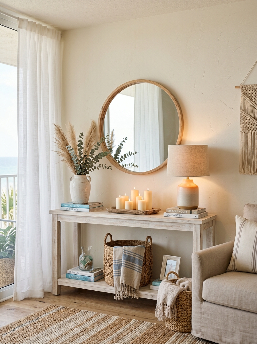 Cozy Coastal Console Table with Soft Beachy Feminine Decor