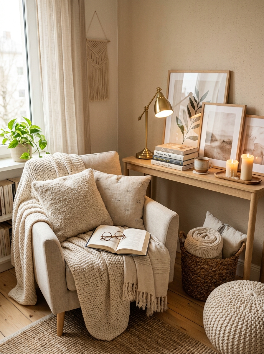 Small Apartment Corner Console Table with Cozy Reading Nook Vibes