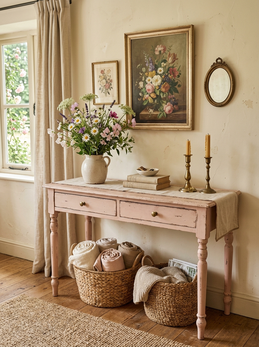 Cozy Cottagecore Console Table with Soft Pink Charm