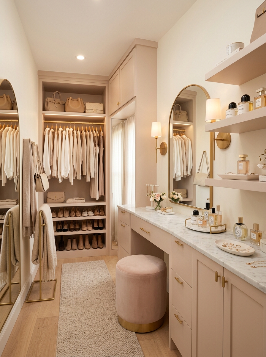 Feminine Blush-Toned Closet With Elegant Gold Details