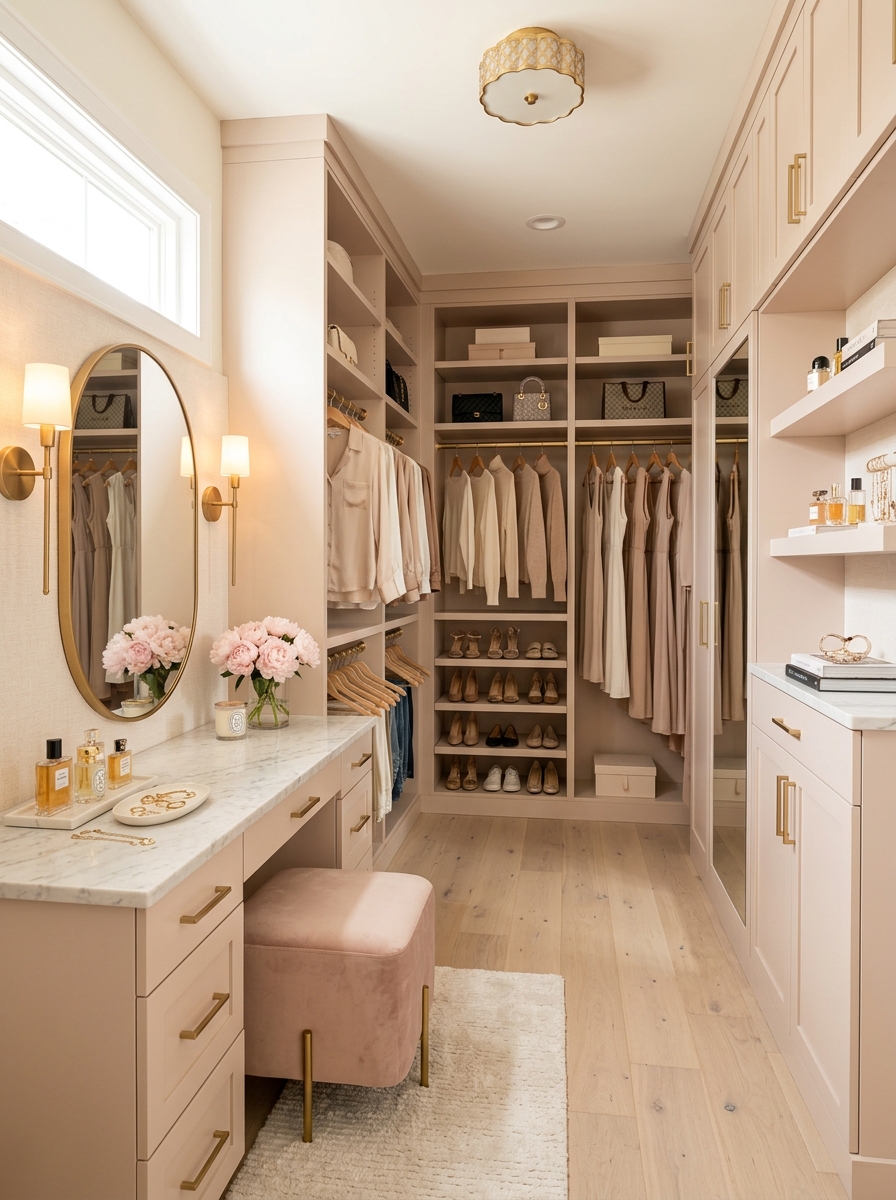 Feminine Blush-Toned Closet With Elegant Gold Details