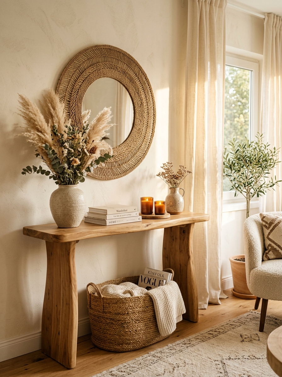 Boho Feminine Console Table with Warm Natural Textures