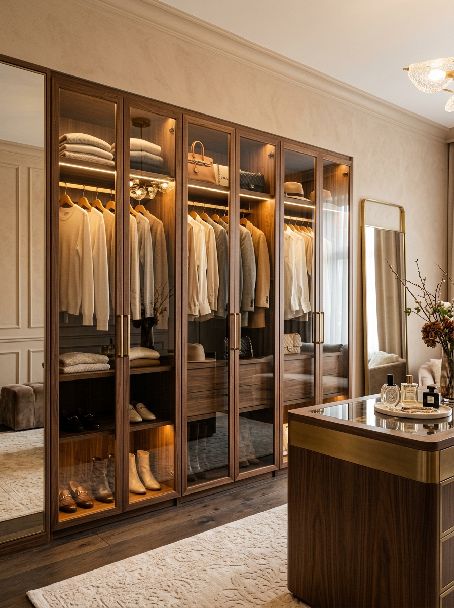 Elegant Walk-In Closet with Glass Display Doors