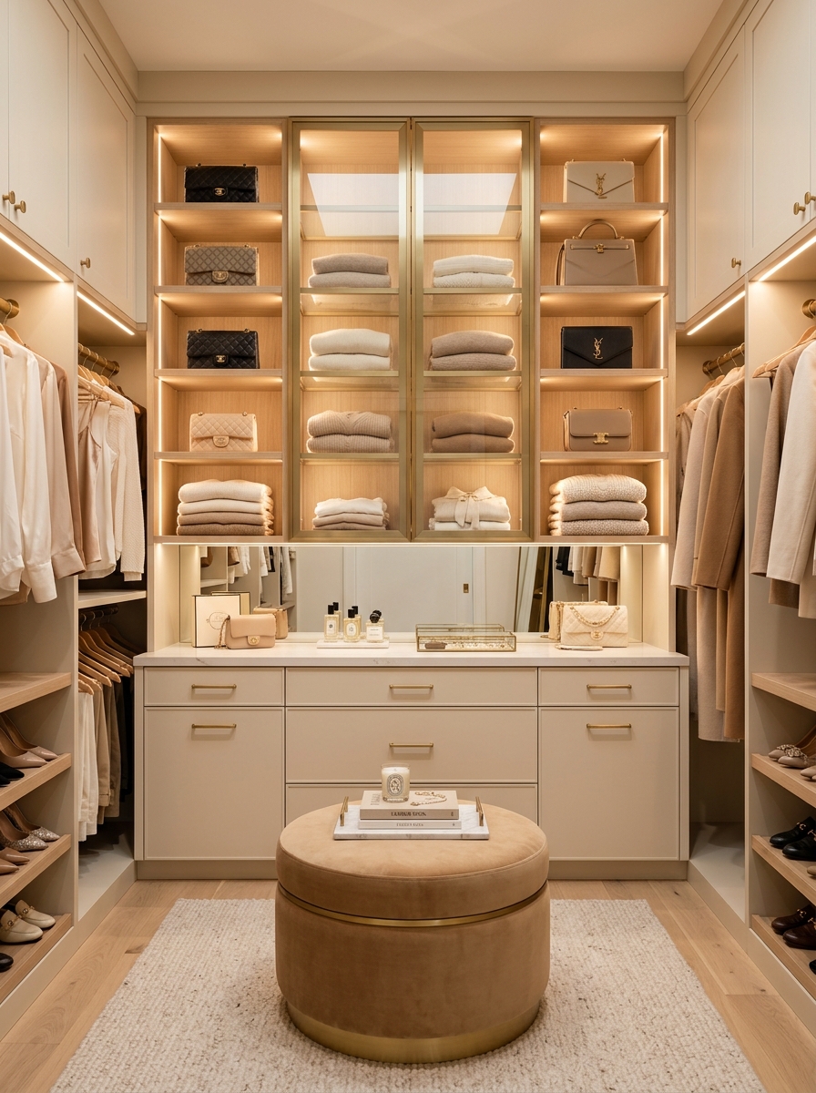 Neutral Walk-In Closet with Boutique Display Styling