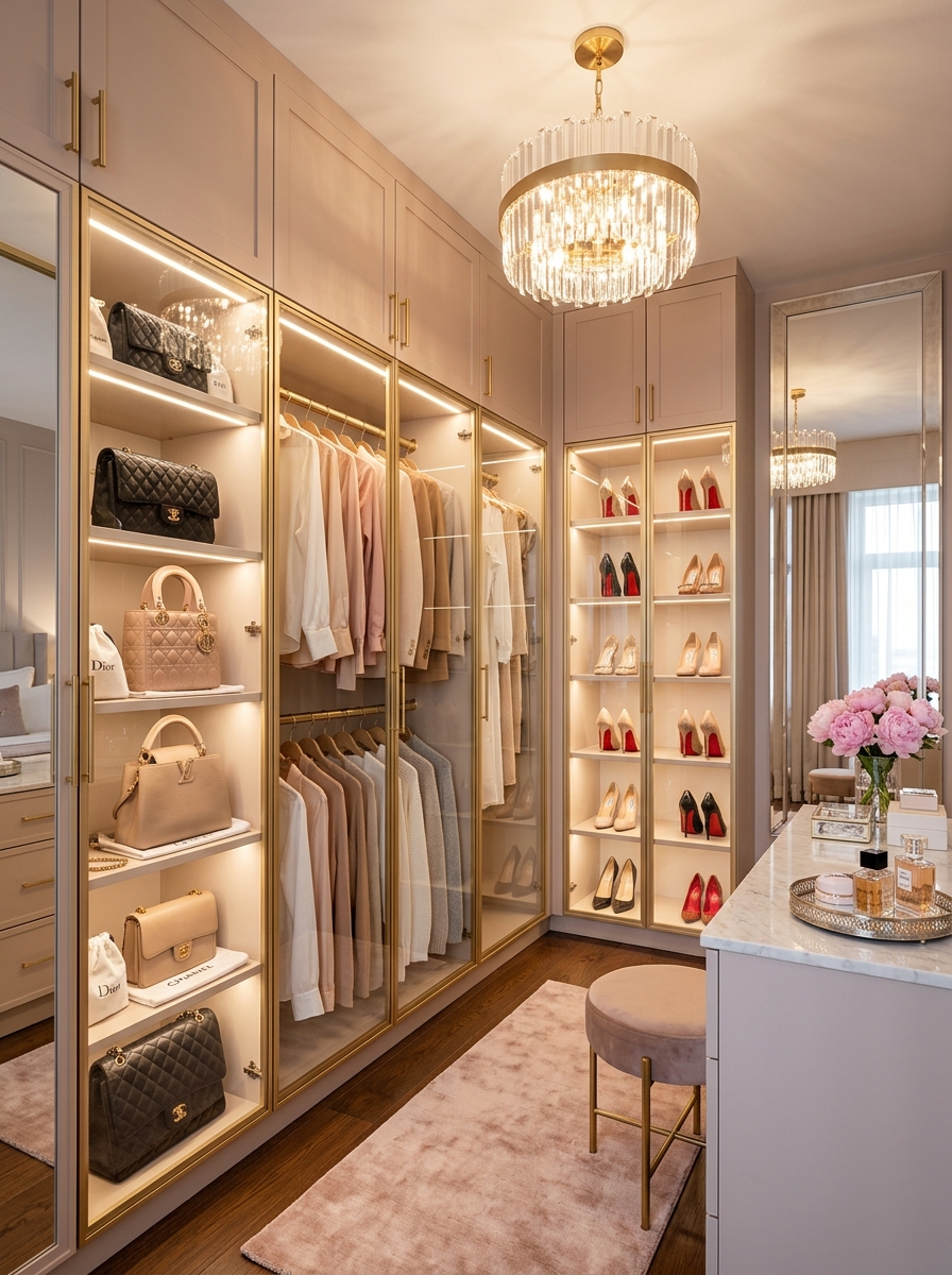 Boutique-Inspired Walk-In Closet with Glass Doors