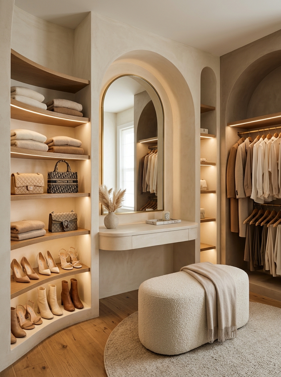 Chic Neutral Closet with Arched Design Details